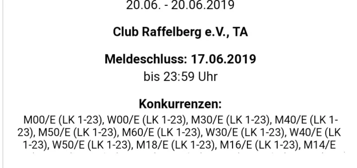 Bis 17.06. anmelden zum 1. Raffelberger LK-Race 2019 im CR!