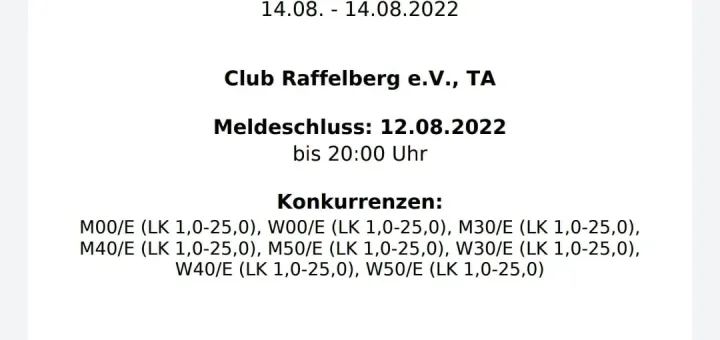 Nächstes Tennis LK Turnier im Raffelberg – Anmeldeschluss 12.08.2022